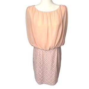 Suzi Chin for Maggy Boutique Pink Chiffon and Lace Sheath Dress Made in USA Sz10